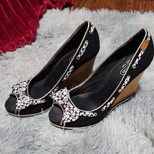 Coach Black and White Signature Peep-Toe Wedges with Bow